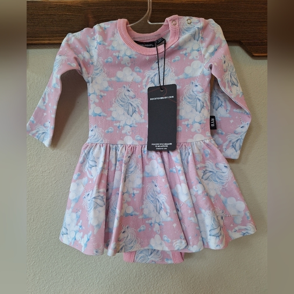 NWT Rock Your Baby Girl Pink/White Unicorn Print Dress Size 6-12months